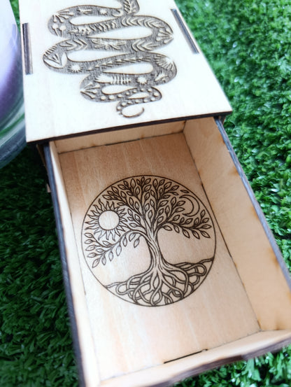 Cajita de cerillas serpiente Kundalini y Árbol de la Vida con Sol y Luna