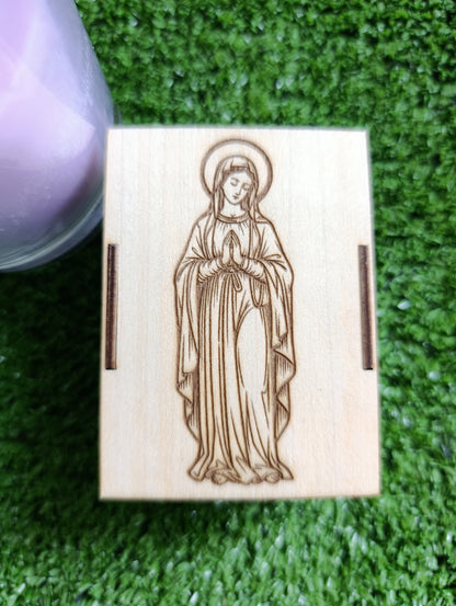 Cajita de cerillas Virgen María y sello del Arcángel Miguel
