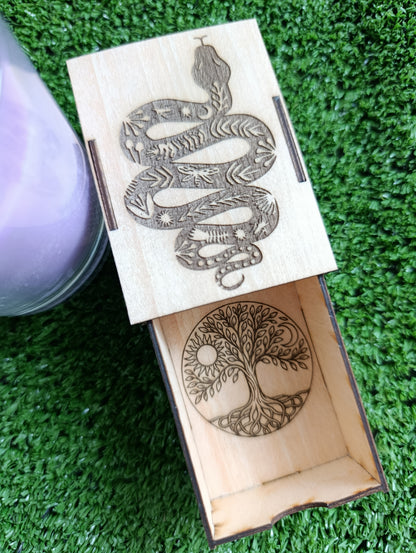 Cajita de cerillas serpiente Kundalini y Árbol de la Vida con Sol y Luna