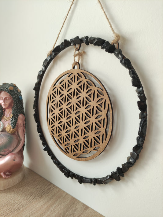 Creación para el altar flor de la vida y obsidiana negra