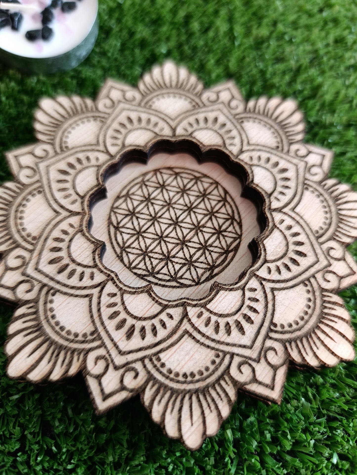 Luz Sagrada: Porta velas silueta Mandala & Flor vida